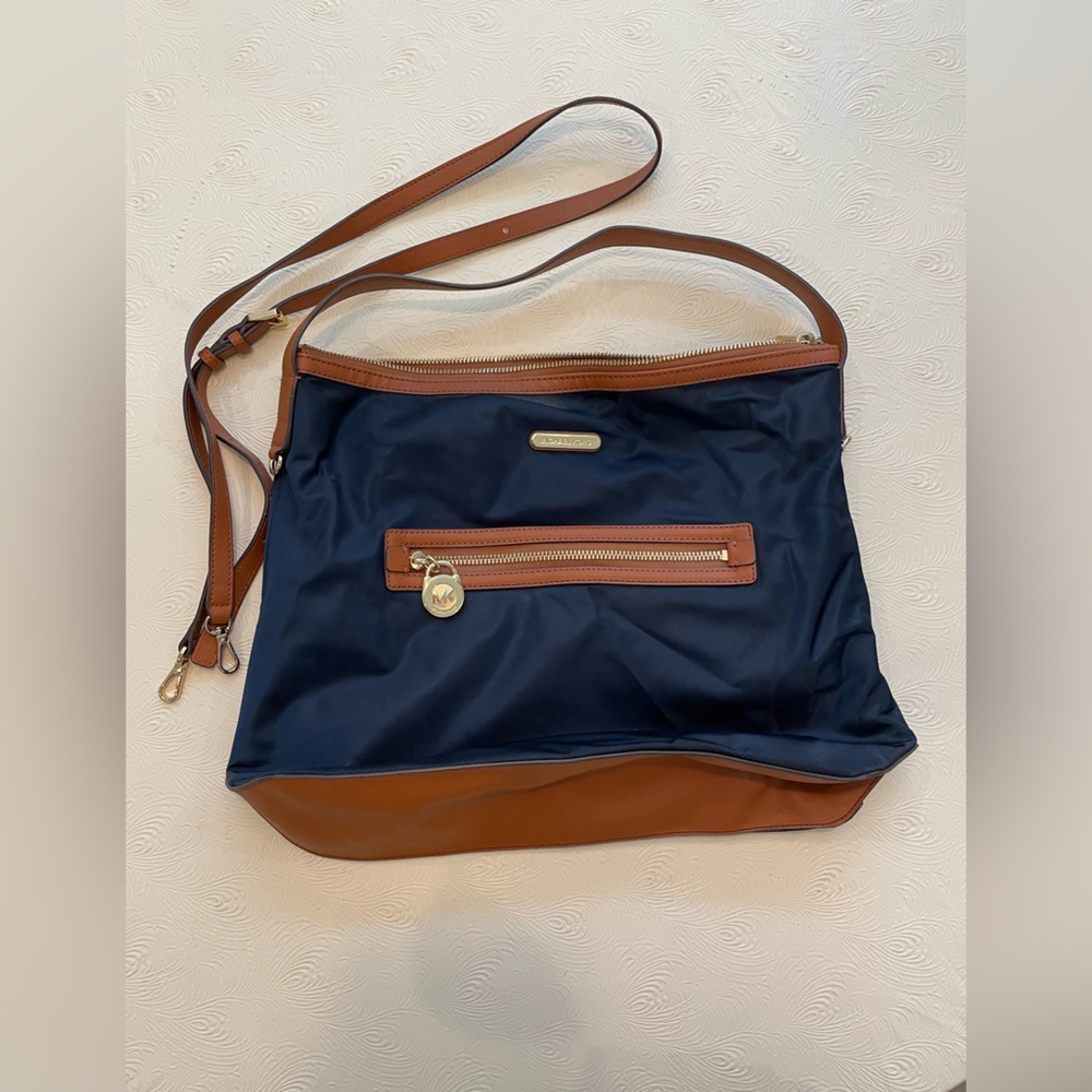 Michael Kors Bag - Blue Nylon / Tan trim & Leather Strap - Excellent Condition